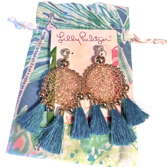 Lilly Pulitzer NWT Sea Dreamer Cumulus Blue Gold Tone Dangle Earrings (J025) - Picture 5 of 8